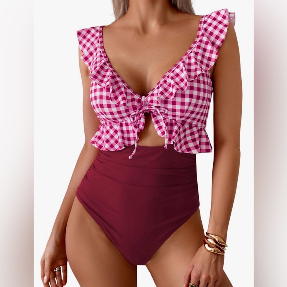 Eomenie One Piece Swimsuit for Women Tummy Control Ruffle Bathing Suit V Neck M
